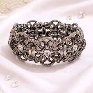 Antiqued Silver Tone Clear Rhinestone Ornate Stretch Bracelet